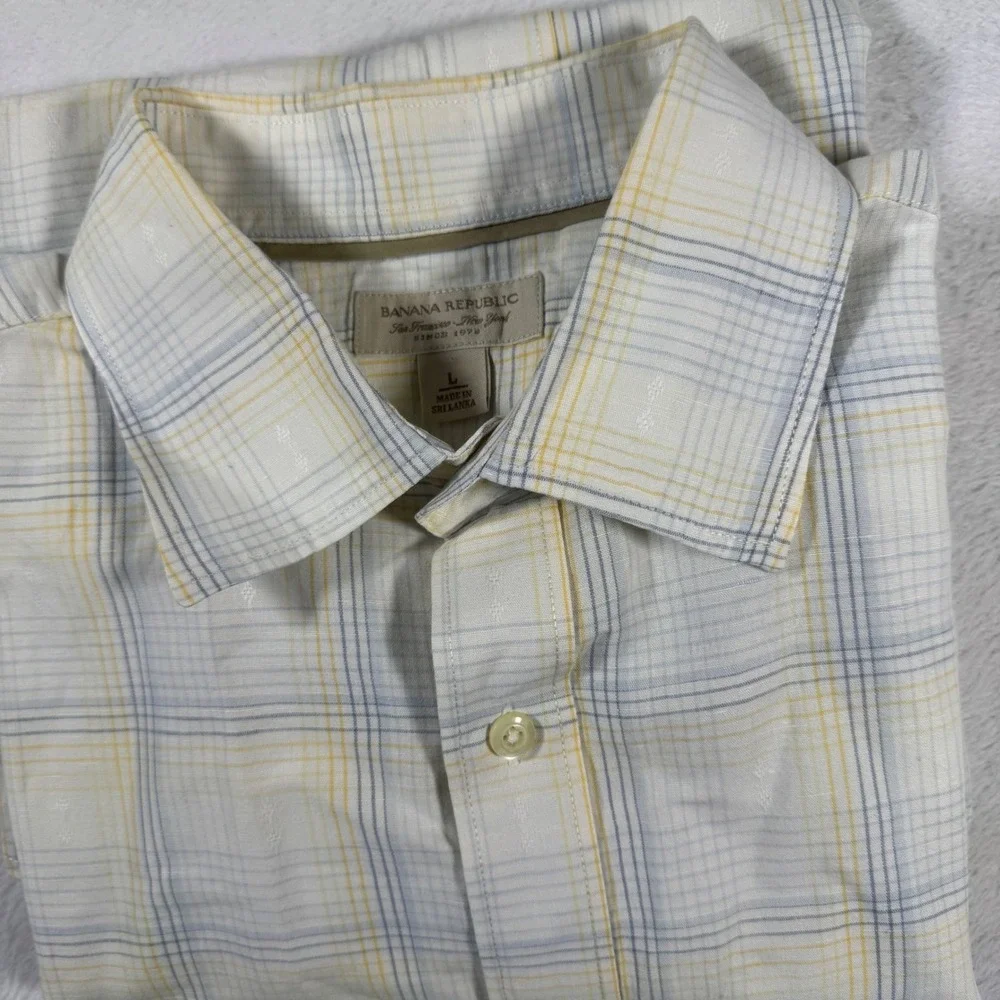 Banana Republic Button Down Shirt Mens L White Yellow Plaid Linen Cotton Blend‎